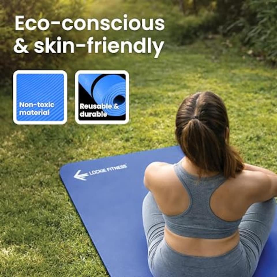 image 1 of Lockie Fitness Yoga Mat 8 mm Thick, Non Slip Exercise Mat for Women and Men, TPE Foam Pilates Mat, Gym Mat for Home Workout, Yoga, Pilates, Exercise & Gymnastics, 180 x 60 cm, Blue