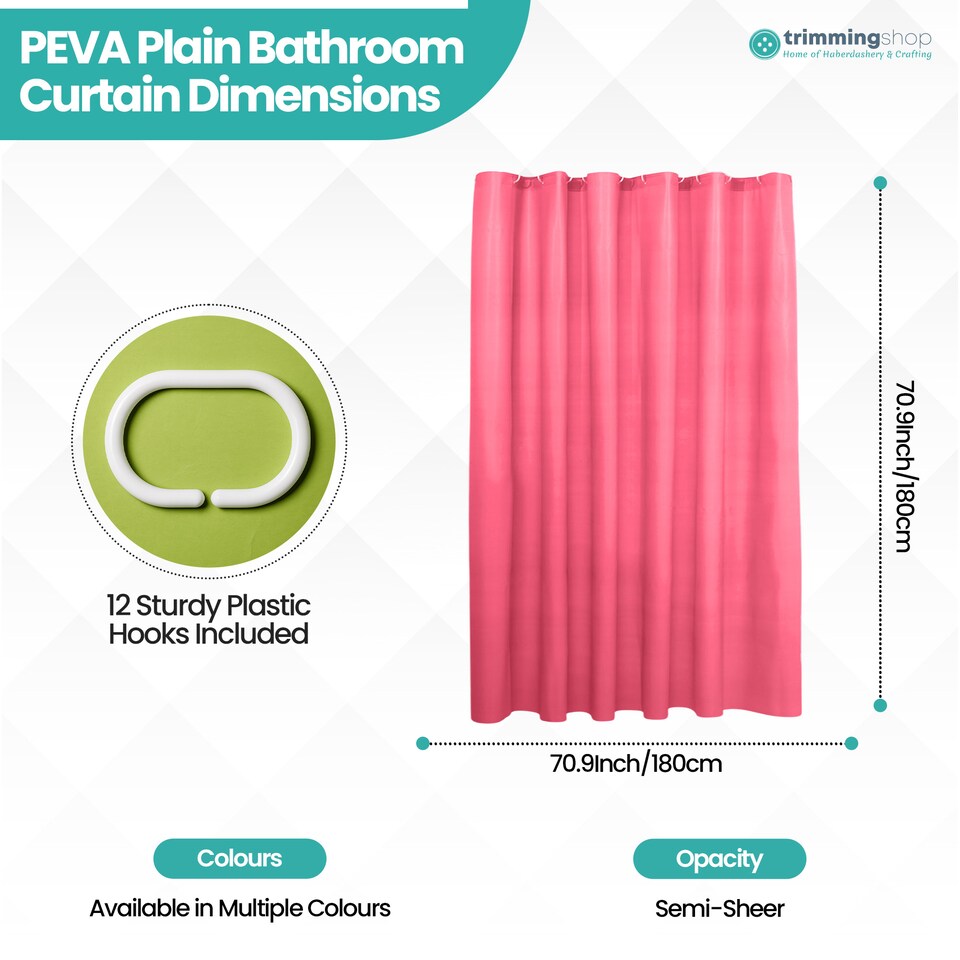 image 1 of Hot Pink Mould & Mildew Resistant Shower Curtain with 12 Hooks - 180x180cm