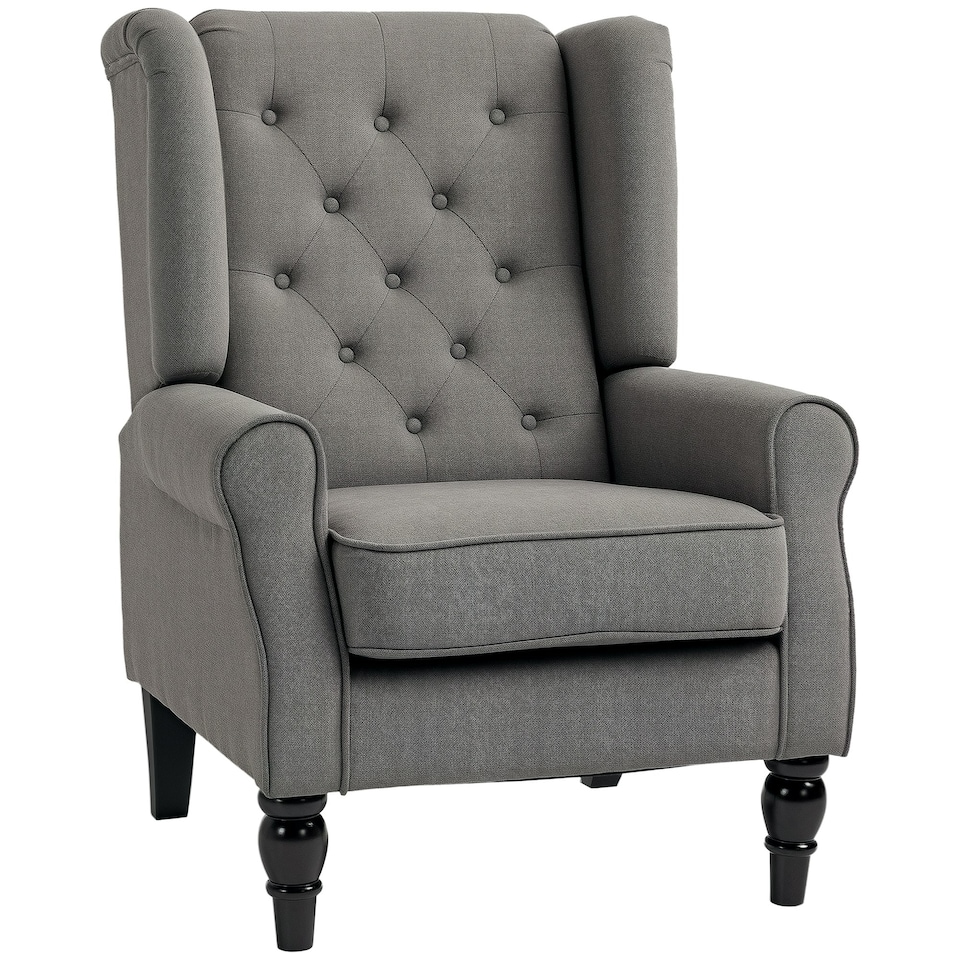 image 1 of HOMCOM Retro Accent Chair, Snow Flannel Wingback Armchair with Wood Frame Button Tufted Design for Living Room Bedroom, Dark Grey