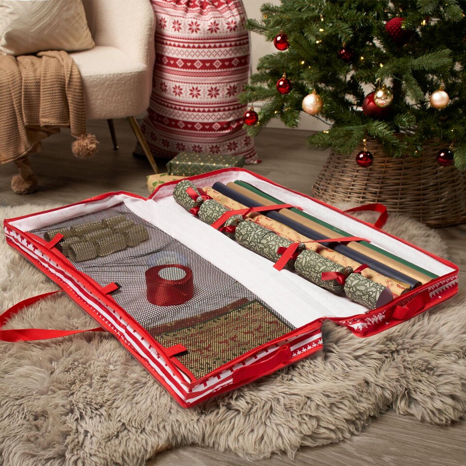 image 1 of OHS Christmas 1 x Wrapping Paper Storage Organiser Nordic Xmas Gift Wrap Bag | Red