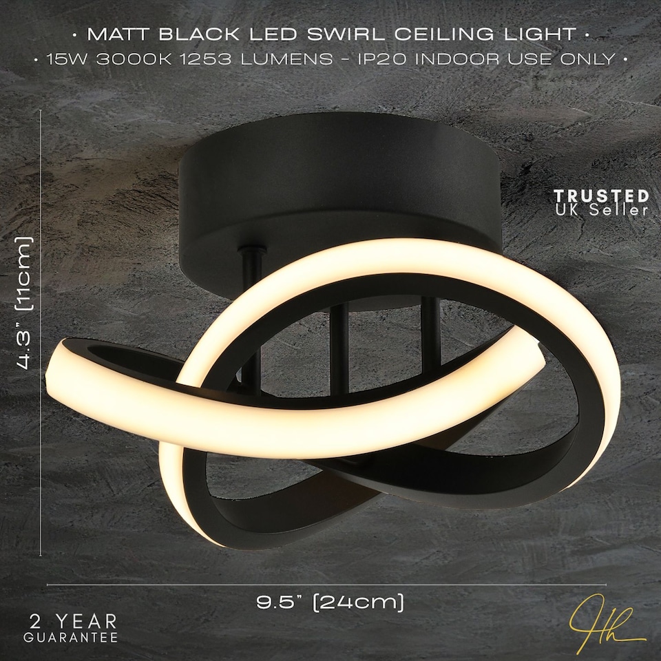 image 1 of Modern LED Black Ceiling Light with Swirl Thick Metal Strip Creates 1253 Lumens | Black | Black | 1