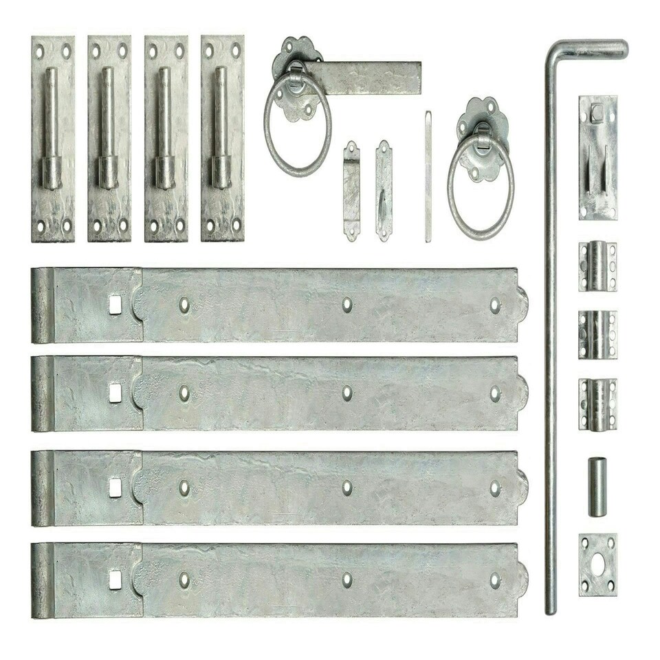 24 Inch Double Gate Fittings Set Hook & Band Hinge, Latch, Drop Bolt - Galvanised | Silver