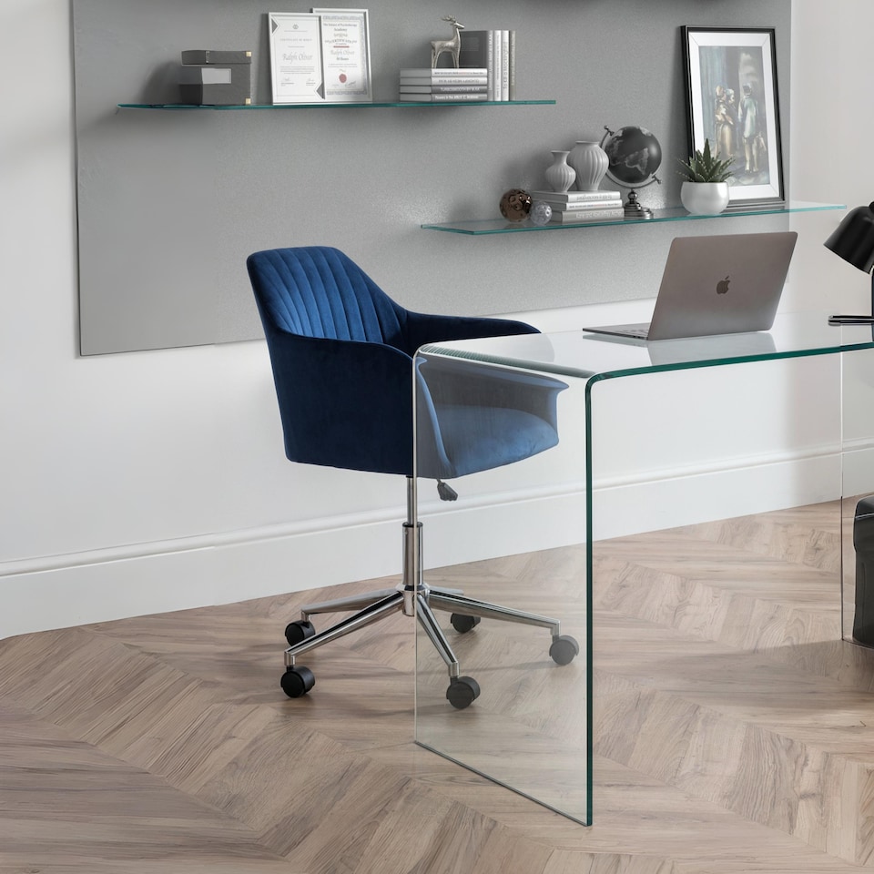 image 1 of Kahlo Velvet Swivel Office Chair- Blue/Chrome