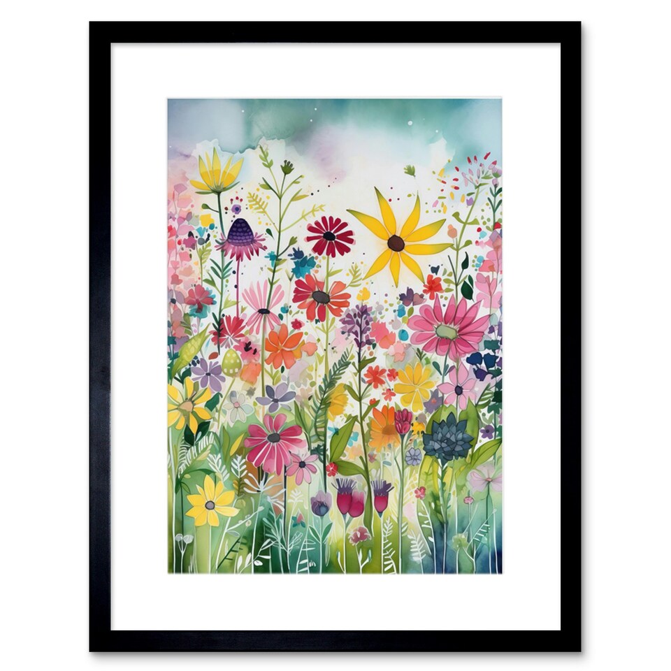image 1 of Bright Wildflower Floral Blooms Folk Art 9x7" Black Framed Wall Art Print