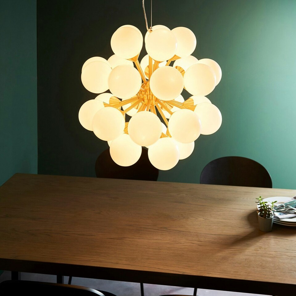 image 1 of Oscar Globe Pendant Satin Brushed Gold Effect Plate & Gloss White Glass 28 Light Dimmable IP20 - G9