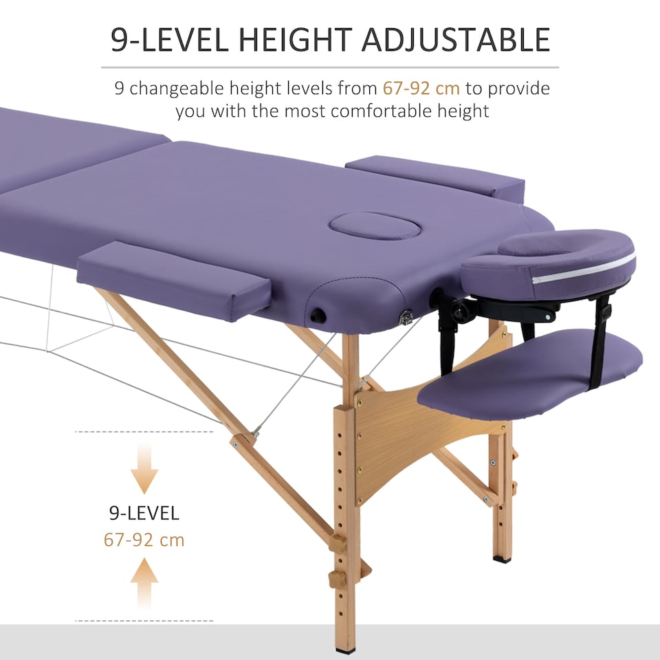 image 1 of HOMCOM Portable Massage Bed, Folding Spa Beauty Massage Table with 2 Sections, Carry Bag and Wooden Frame, Purple