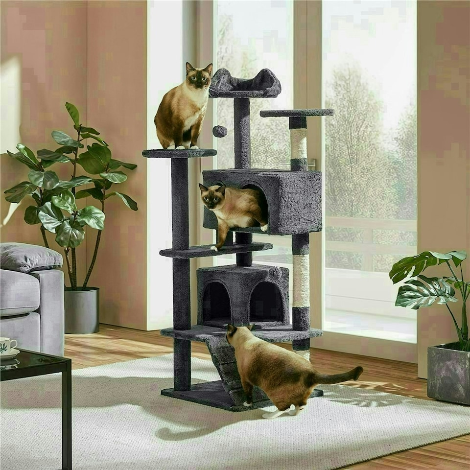image 1 of Yaheetech 137cm Tall Cat Tree with Scratching Posts Dark Grey