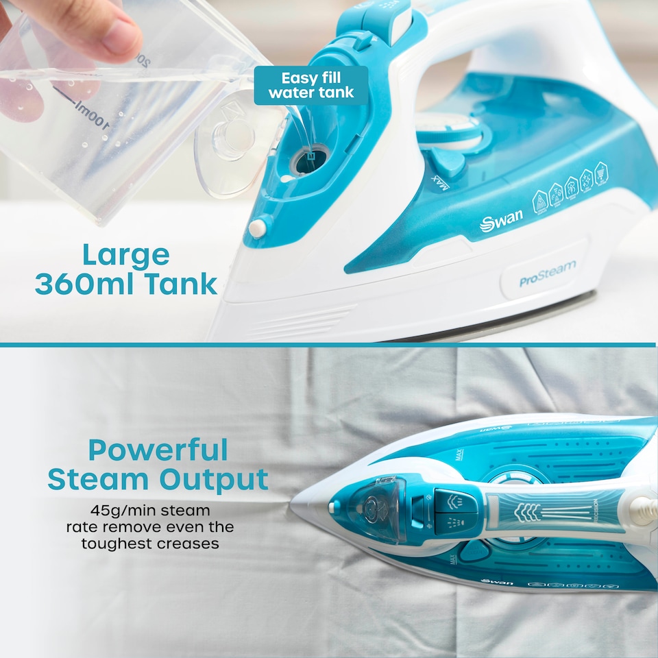 image 1 of Swan Steam Iron with Ceramic Soleplate, ProSteam Technology, Anti-Calc, Anti-Drip, Adjustable Temperature Dial and 360 Degree Swivel Cord, 3000W, White and Aqua, SI12055AQ