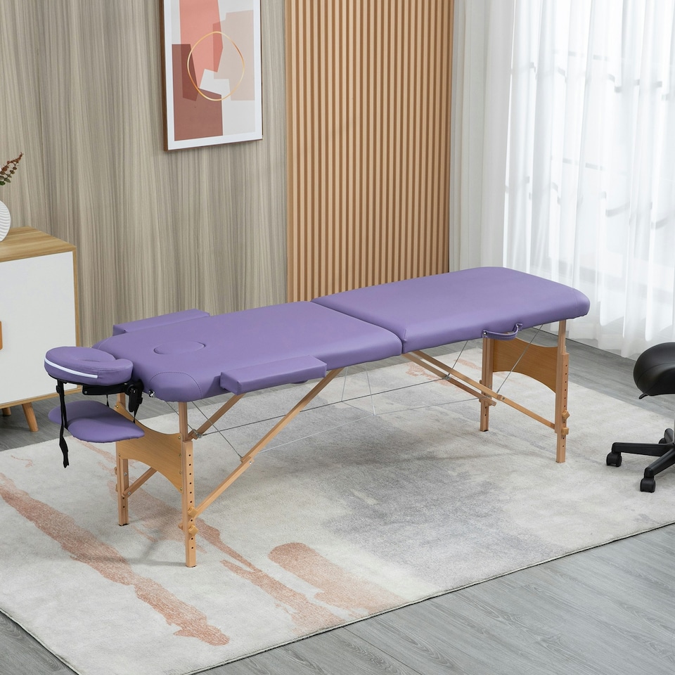 image 1 of HOMCOM Wooden Folding Massage Table w/ 2 Sections, Bag, Purple