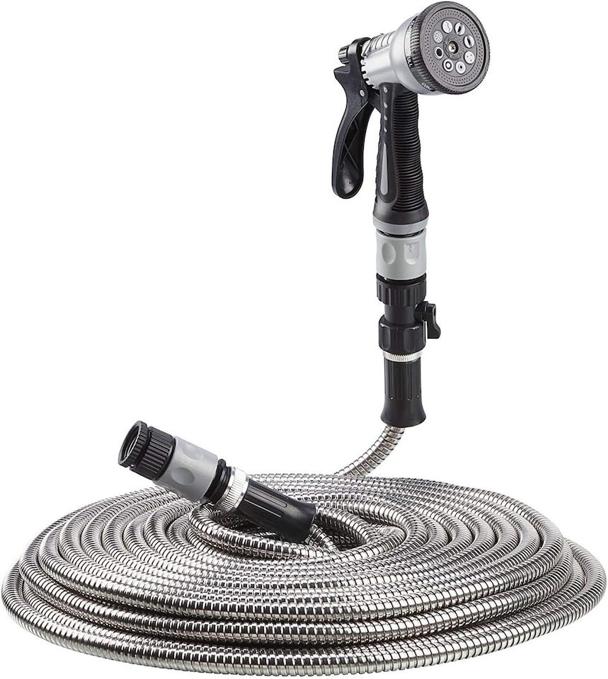 image 1 of Easy Hose Stainless Steel Garden Water Hosepipe Rust Proof & Tangle Free with Hand Held Spray Nozzle (75ft) | Silver