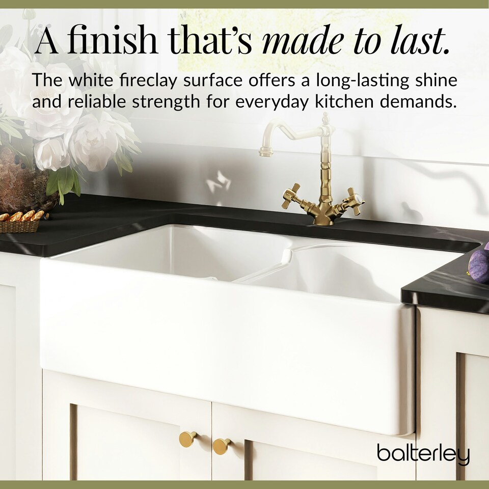 image 1 of Fireclay Kitchen Bundle - 2 Bowl Stepped Weir Butler Sink, Wastes & French Classic Tap, 795mm - Brushed Brass