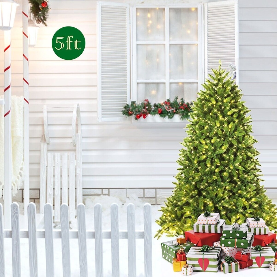 image 1 of COSTWAY 5FT Pre-Lit Artificial Christmas Tree with LED Lights & 8 Lighting Modes Green