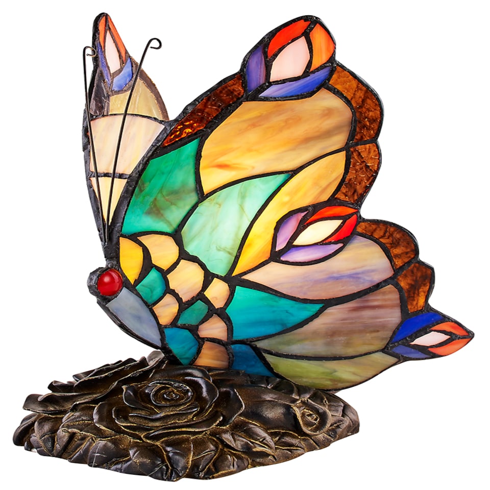 image 1 of Beautiful Handmade Multi-Coloured Glass Butterfly Tiffany Lamp with Bronze Base | Multi