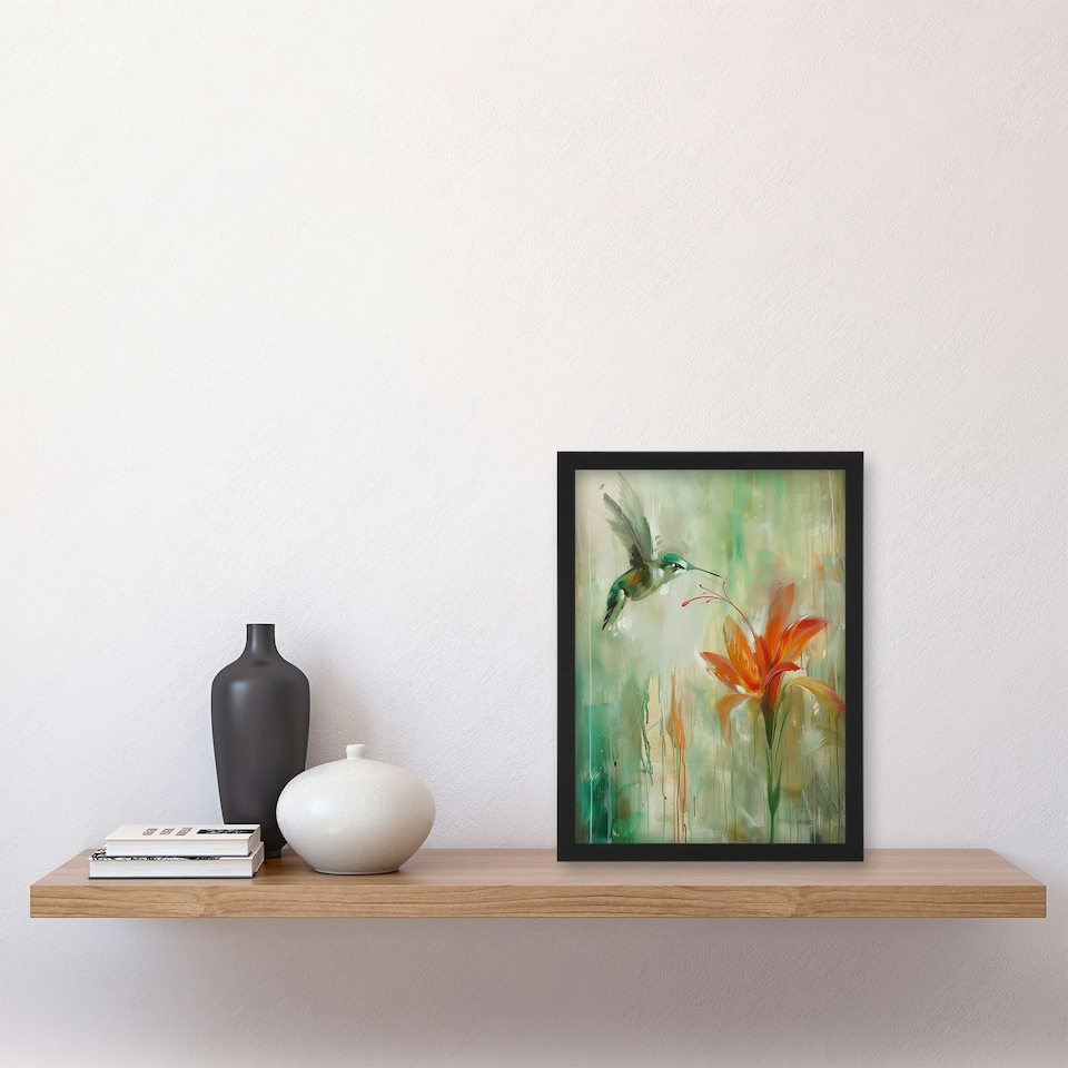 image 1 of Daylily Flower Hummingbird Orange Green Black Framed Wall Art Print A4