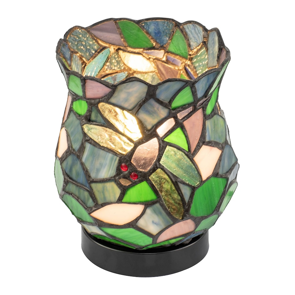 image 1 of Dragonfly Themed Open Top Blue and Green Stained Glass Tiffany Lamp