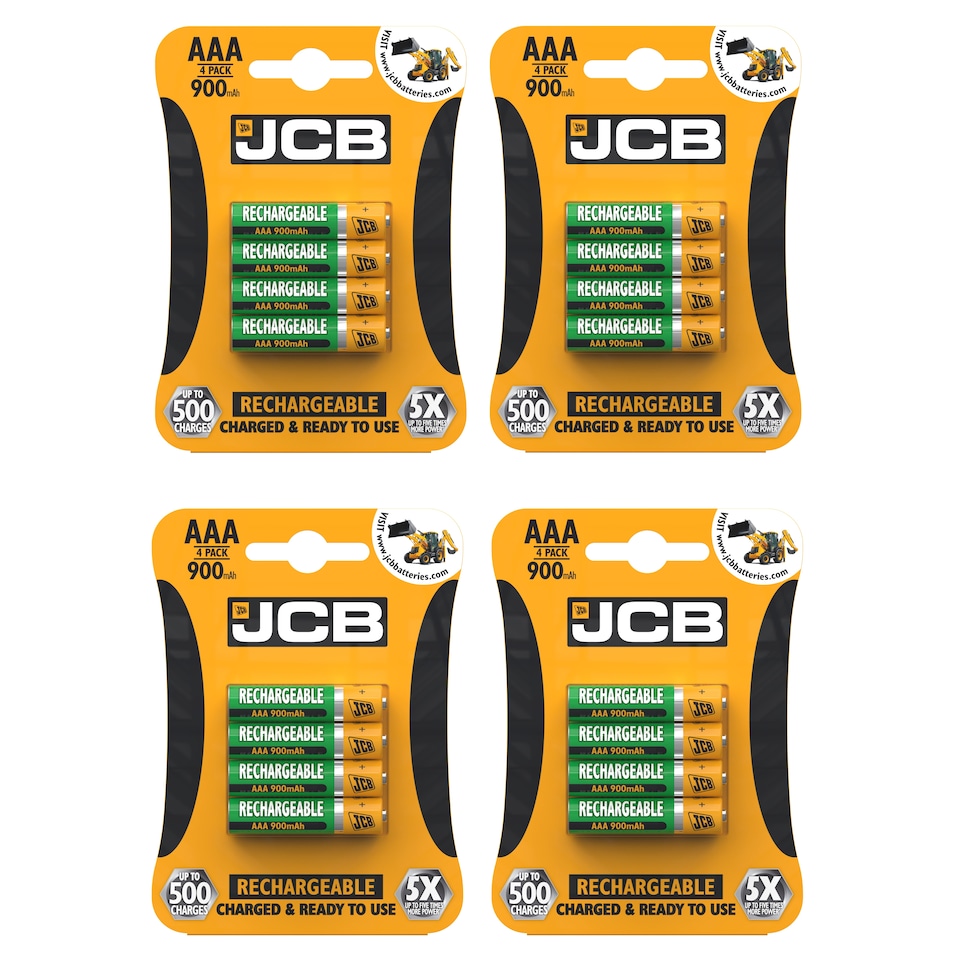 JCB AAA 900mAh Rechargeable Batteries - Pack of 4 | Multi | AAA | 16