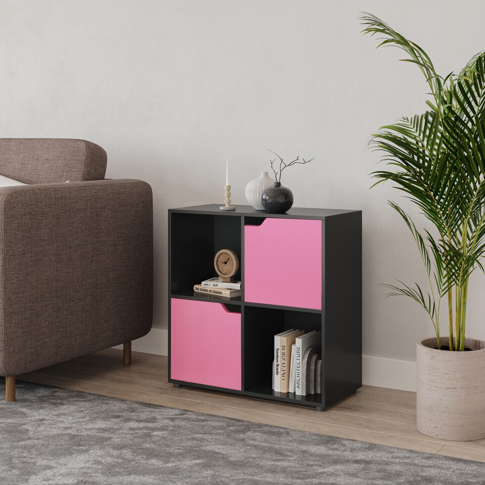 image 1 of 4-Cube Shelving Unit With Wooden Doors - Square | Black | Black & Pink | 1