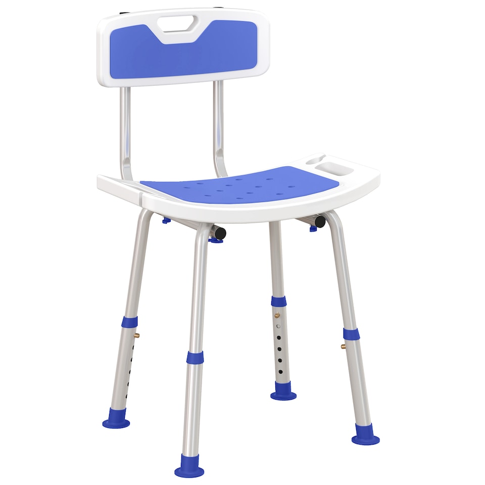 image 1 of HOMCOM Shower Chair for the Elderly and Disabled, 6-Level Height Adjustable Shower Stool with Backrest, Curved Seat, Anti-slip Foot Pads and Shower Head Holder, Blue