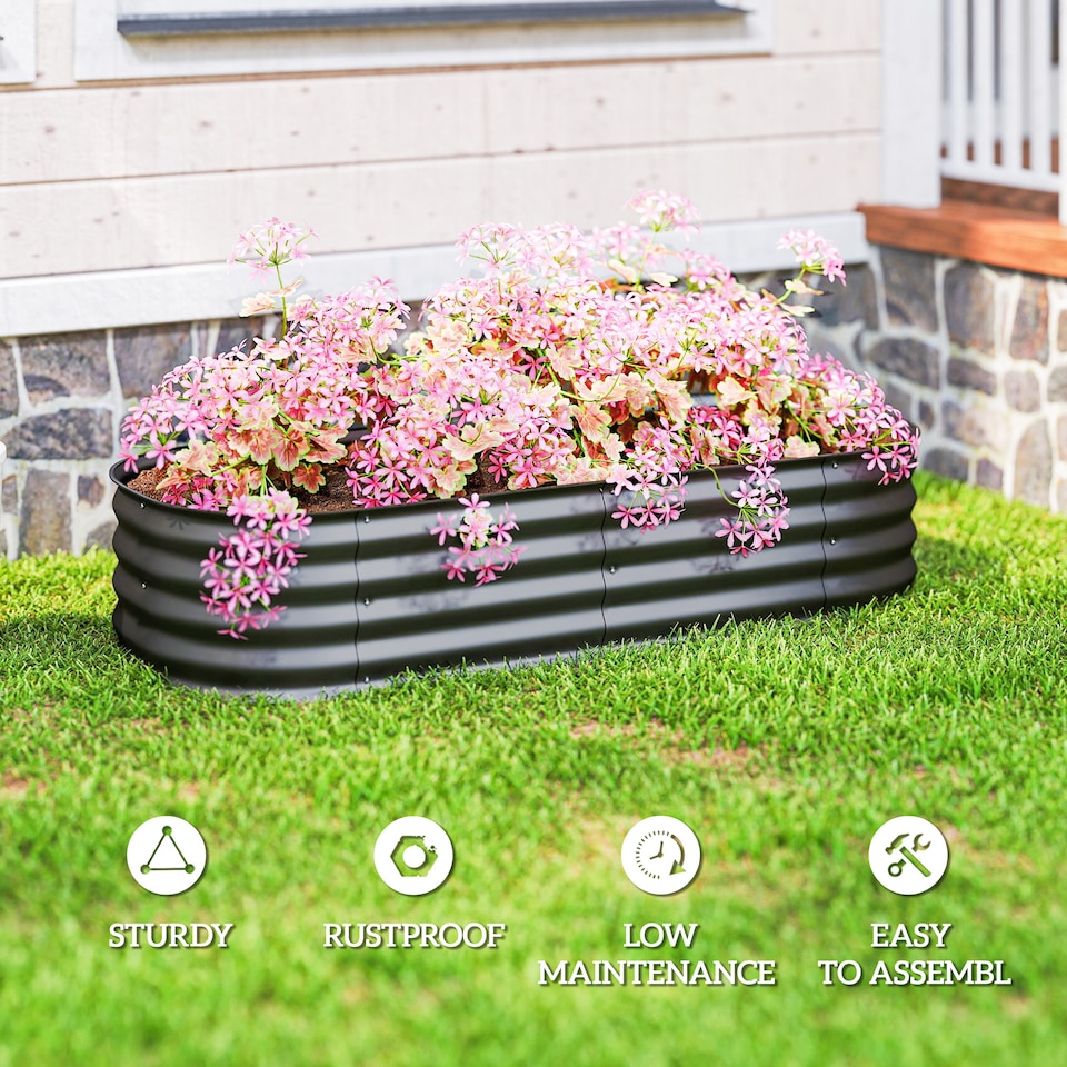 image 1 of Outsunny Galvanised Raised Garden Bed Planter Box with Safety Edging, Dark Grey