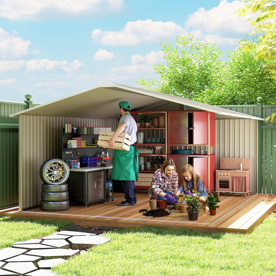 image 1 of Outsunny 13 x 11ft Metal Garden Shed, Outdoor Storage Tool House with Ventilation Slots, Foundation Kit and Lockable Double Doors, Light Grey