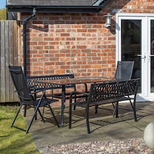 Outdoor 6 Person Rectangular Glass Top Garden Dining Table Benches & Chairs Set