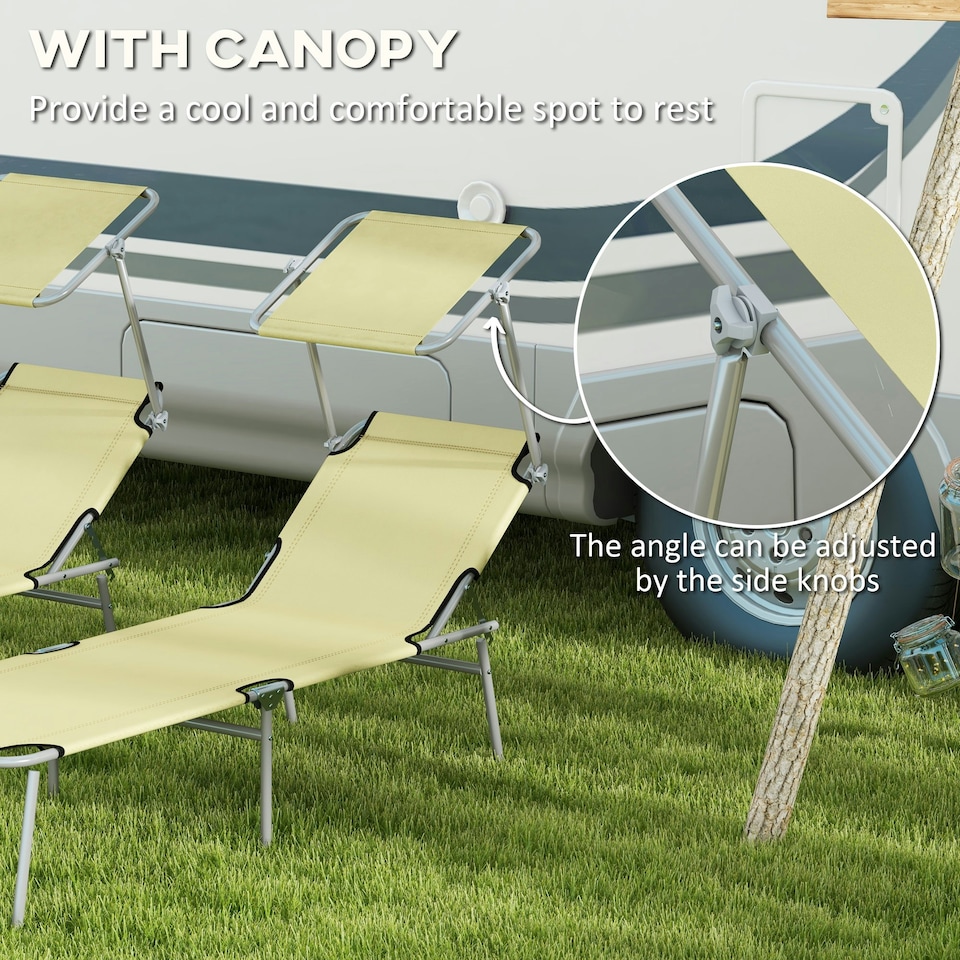 image 1 of Outsunny Folding Sun Lounger Set of 2 w/ Sunshade Adjustable Backrest Beige
