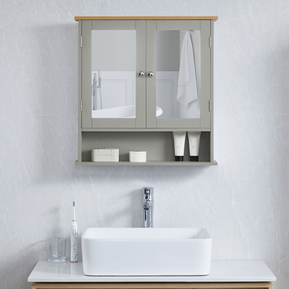 image 1 of Bath Vida Priano 2 Door Mirrored Wall Mounted Bathroom Cabinet With Shelf, Grey & Oak | Grey | Grey & Oak | 1