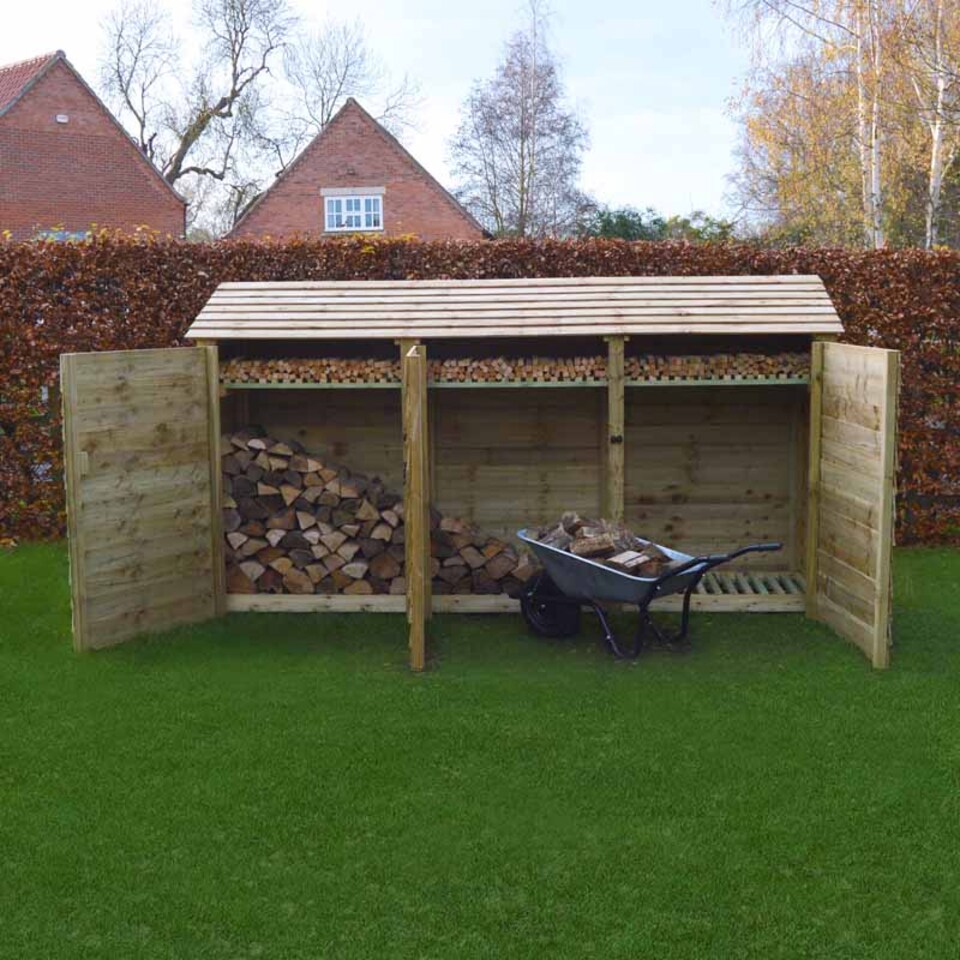 image 1 of Empingham 6ft Log Store with Doors and Kindling Shelf - L80 x W340 x H181 cm - Light Green