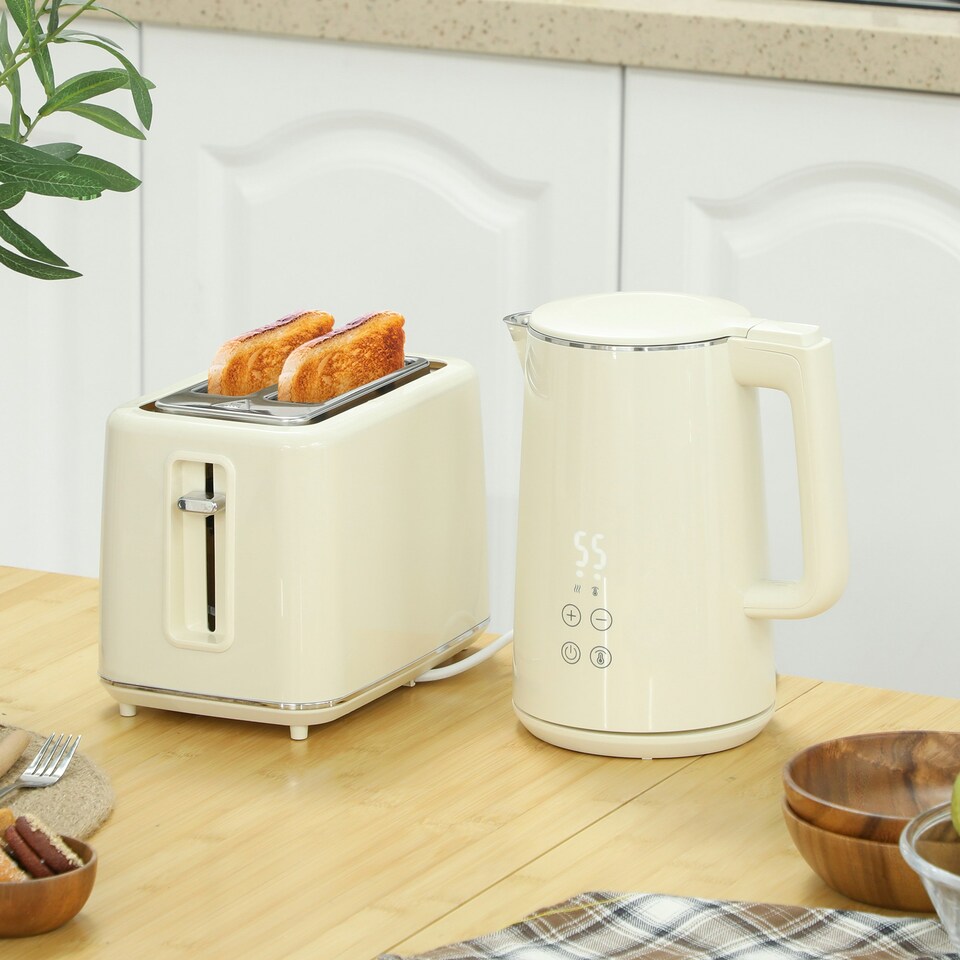 image 1 of HOMCOM 1.5L 3000W Fast Boil Electric Kettle and 2 Slice Toaster Set, Beige
