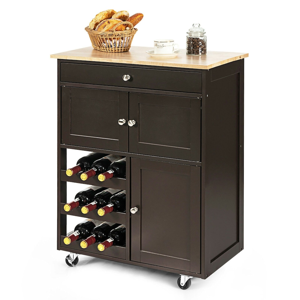 image 1 of COSTWAY Rolling Kitchen Storage Trolley Cupboard Island Brown