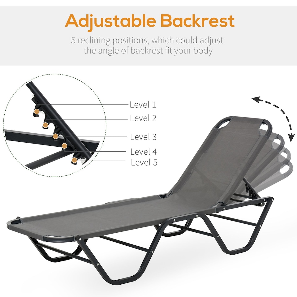 image 1 of Outsunny Sun Lounger Relaxed Recliner with 5-Position Adjustable Backrest Aluminium Frame for Pool, Sun Bathing, Grey