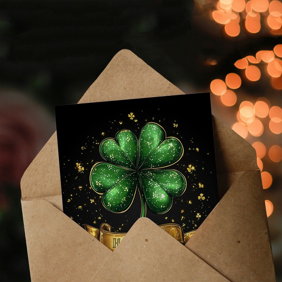 image 1 of St. Patrick's Day Card Golden Four Leaf Clover Blank Greeting Card