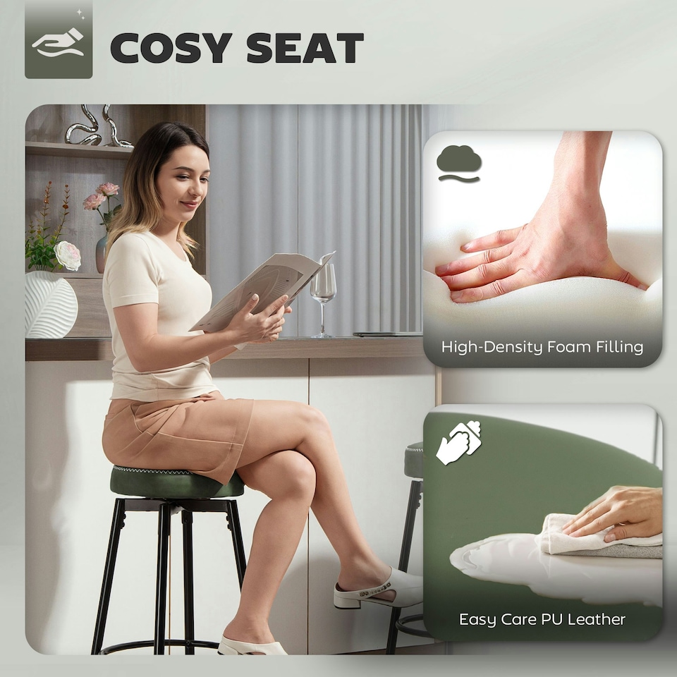 image 1 of HOMCOM Swivel Bar Stools Set of 2, PU Leather Barstools with Footrest Green