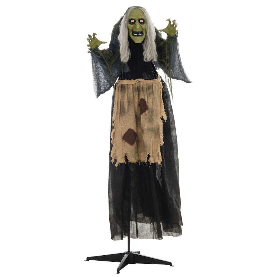 image 1 of HOMCOM 160cm 63 Witch Outdoor Halloween Decoration, Halloween Animatronic with Sound Activated, Light Up Eyes, Sound Effects, Animated Prop for Haunted House