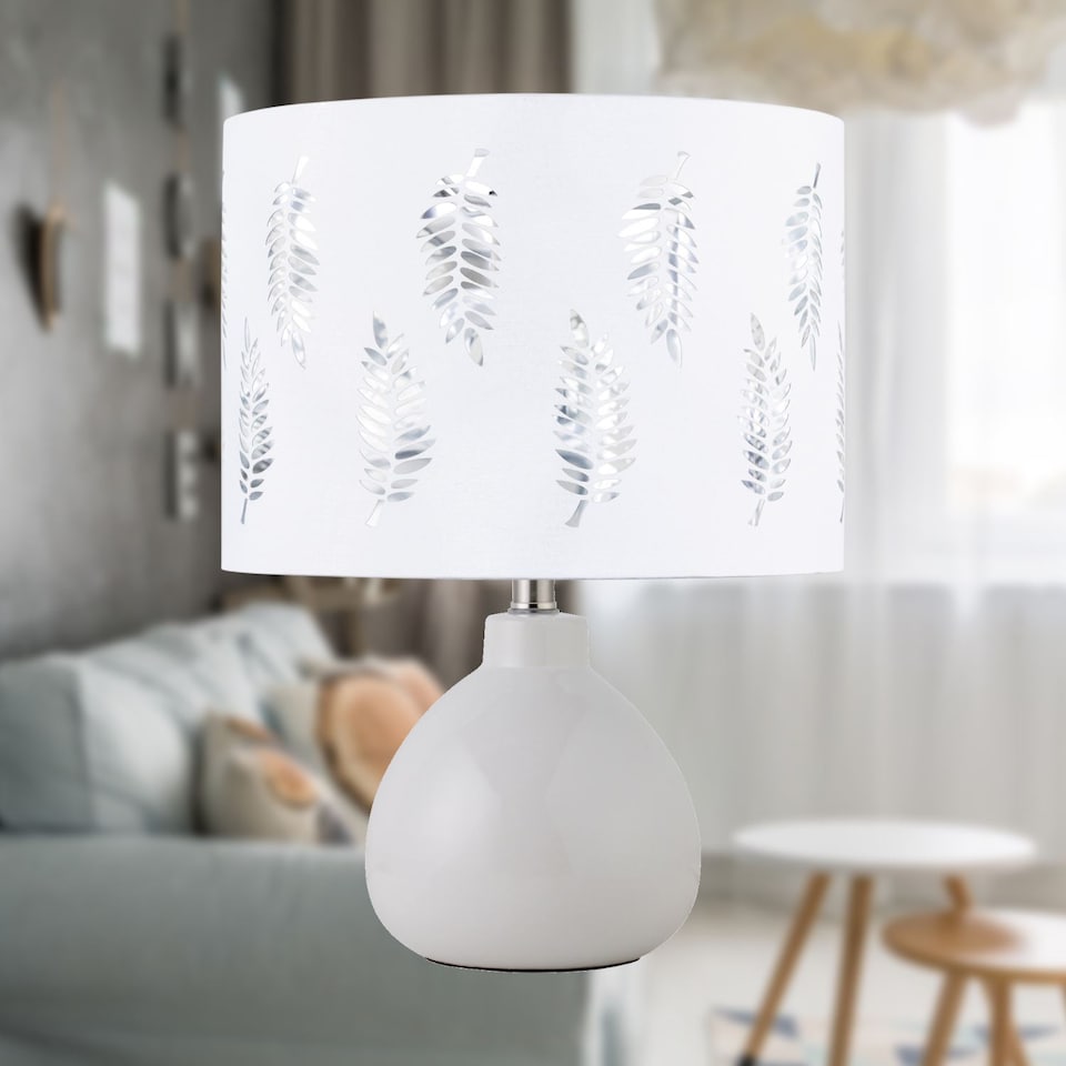 image 1 of Set of 2 Tuscan - White Ceramic Lamps with White Fern Shade | White | White | Large | 2