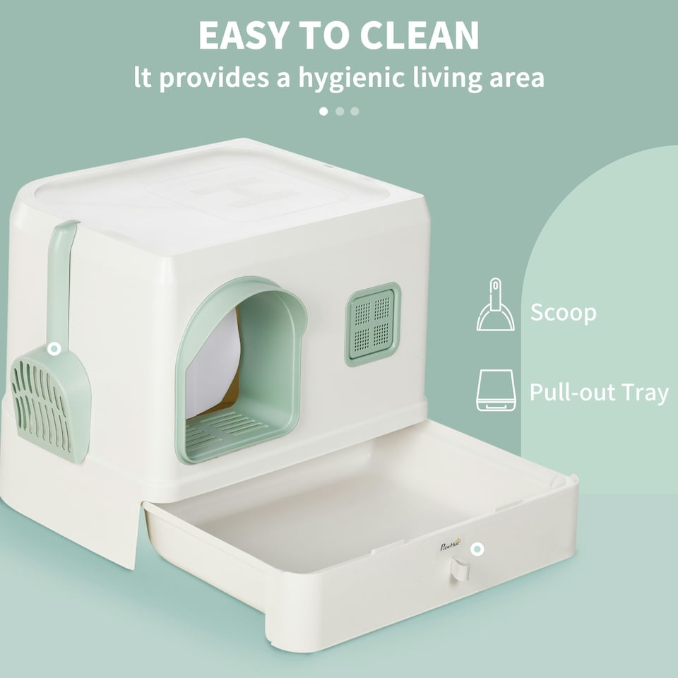 image 1 of PawHut Cat Litter Box, Hooded Cat Litter Tray w/ Drawer Pan, Scoop, Deodorants