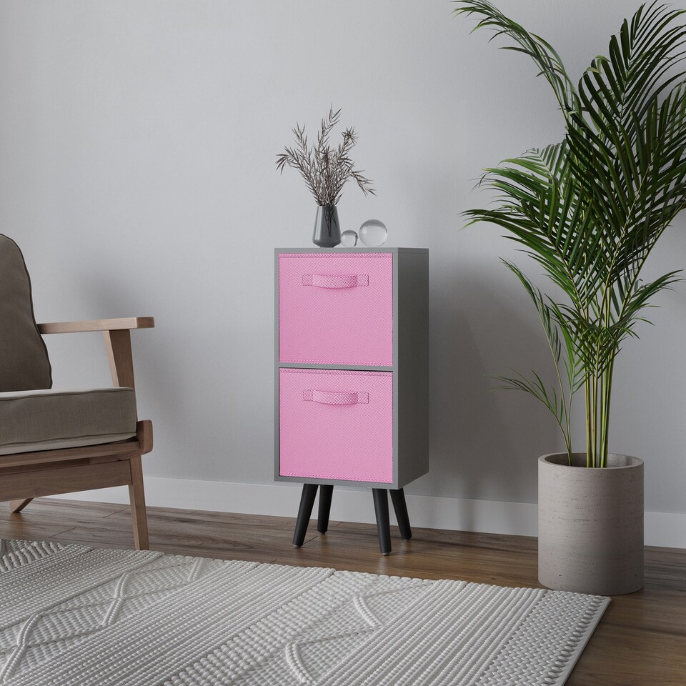 image 1 of Grey 2-Tier 2-Drawer Cube Shelving Unit with Scandinavian Legs | Pink | Light Pink & Black | 1
