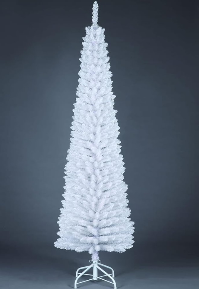 image 1 of 8Ft Artificial Flocked Slim Christmas Pencil Tree Holiday Home Decorations with Pointed Tips and Metal Stand