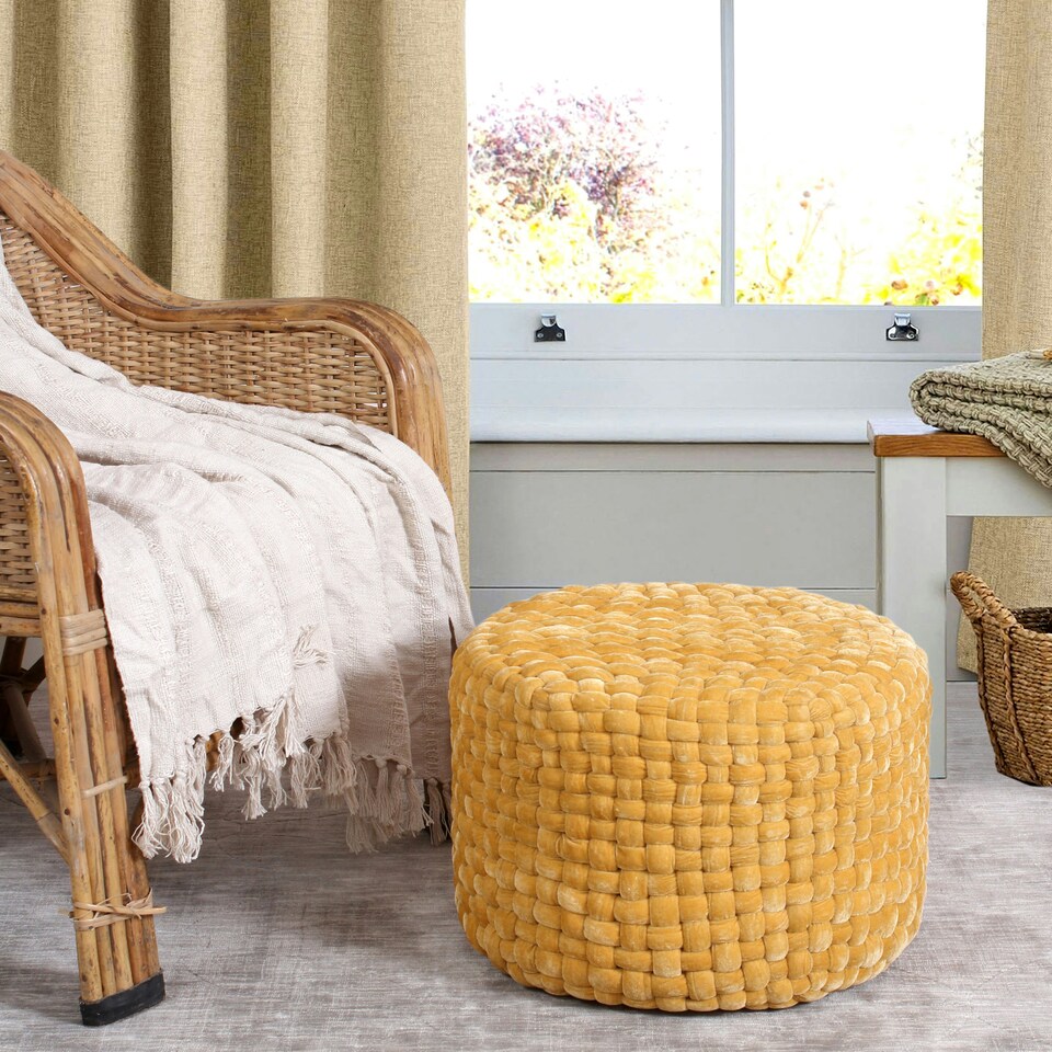 image 1 of Round Velvet Pouffe Soft Woven Designer Ottoman Stool Gold