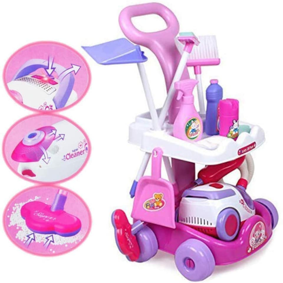 image 1 of Housekeeping Cleaning Trolley Playset with Working Vacuum & Accessories – Kids Role Play Cleaning Set