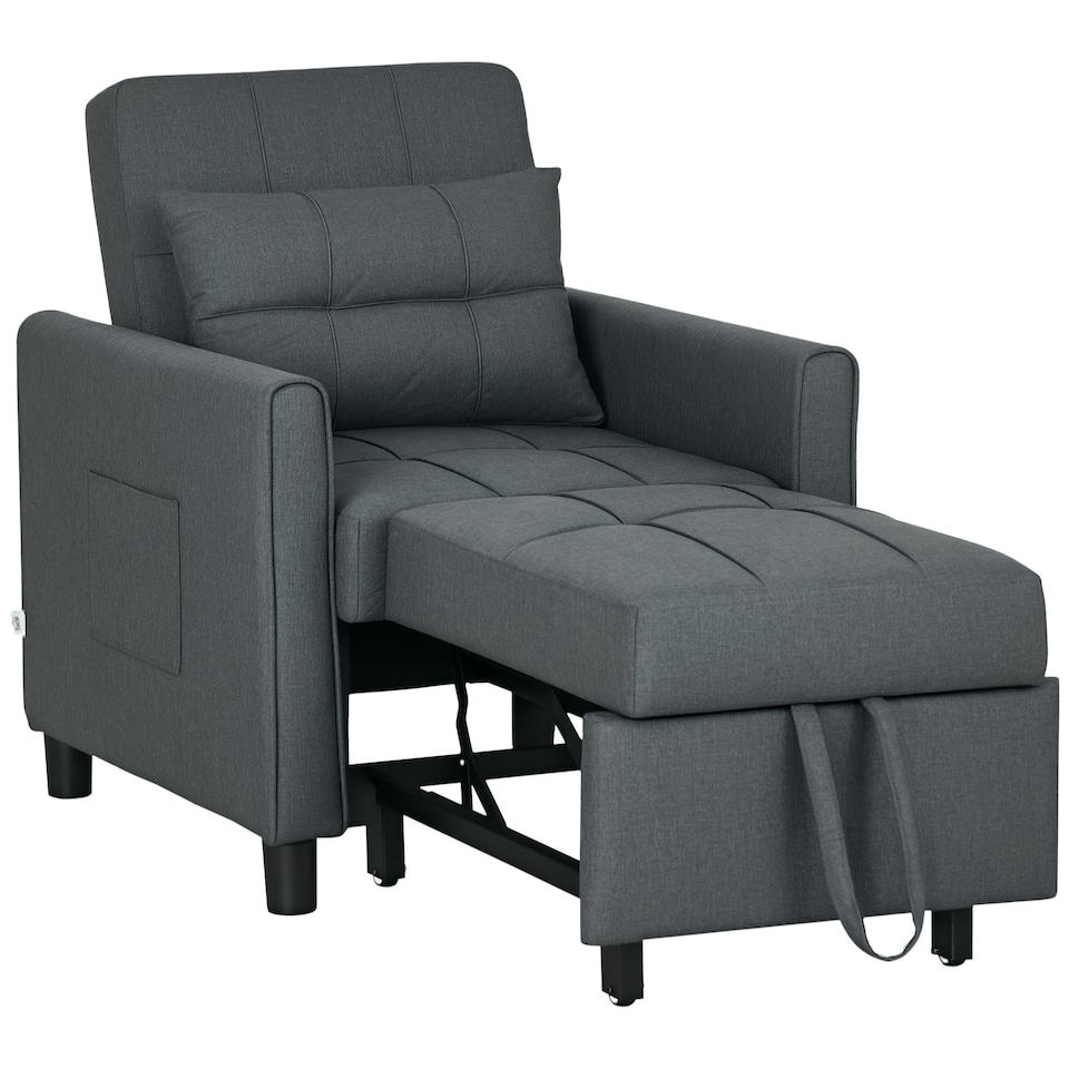 image 1 of HOMCOM Pull Out Chair Bed, Sleeper Chair with Pillow, Side Pockets, Grey