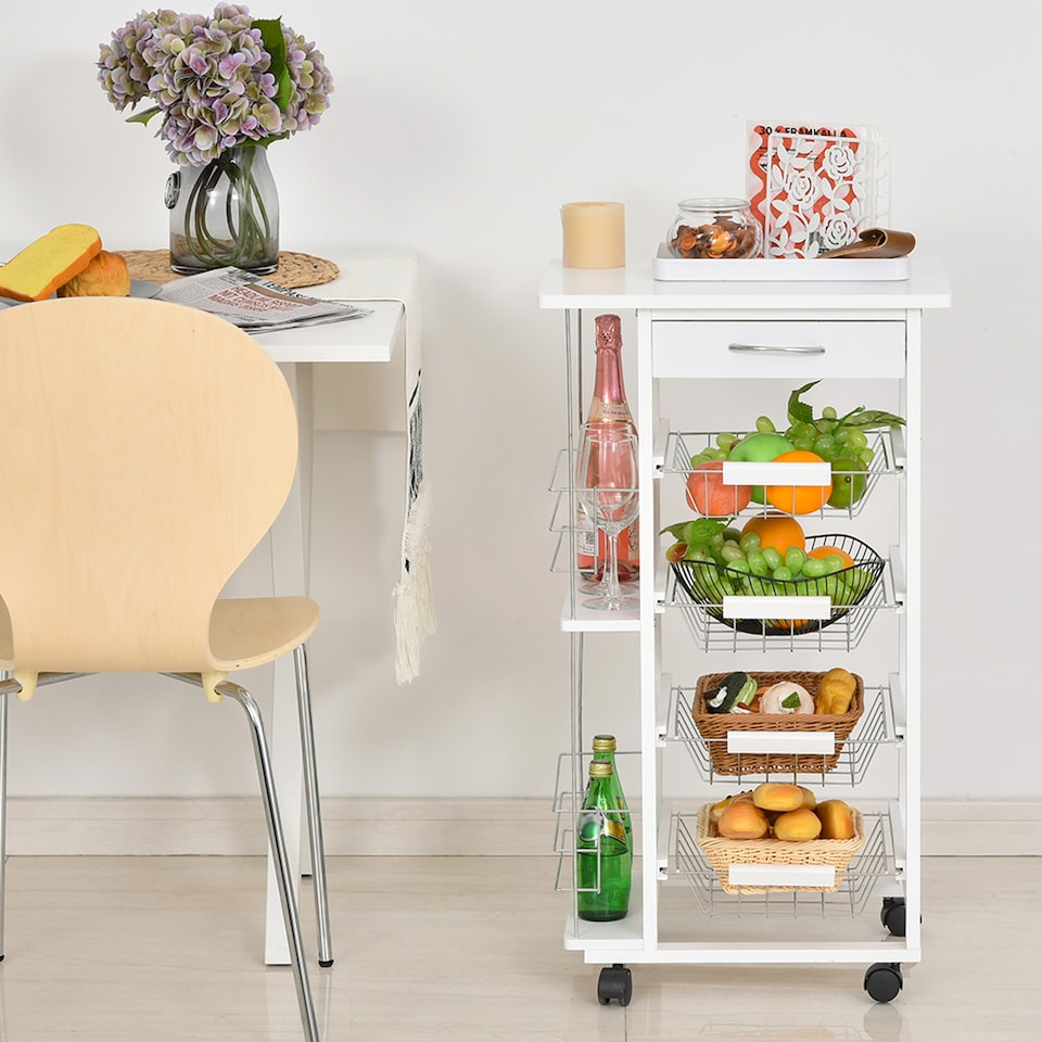 image 1 of HOMCOM Rolling Kitchen Cart, Utility Storage Cart with 4 Basket Drawers & Side Racks, Wheels for Dining Room, White