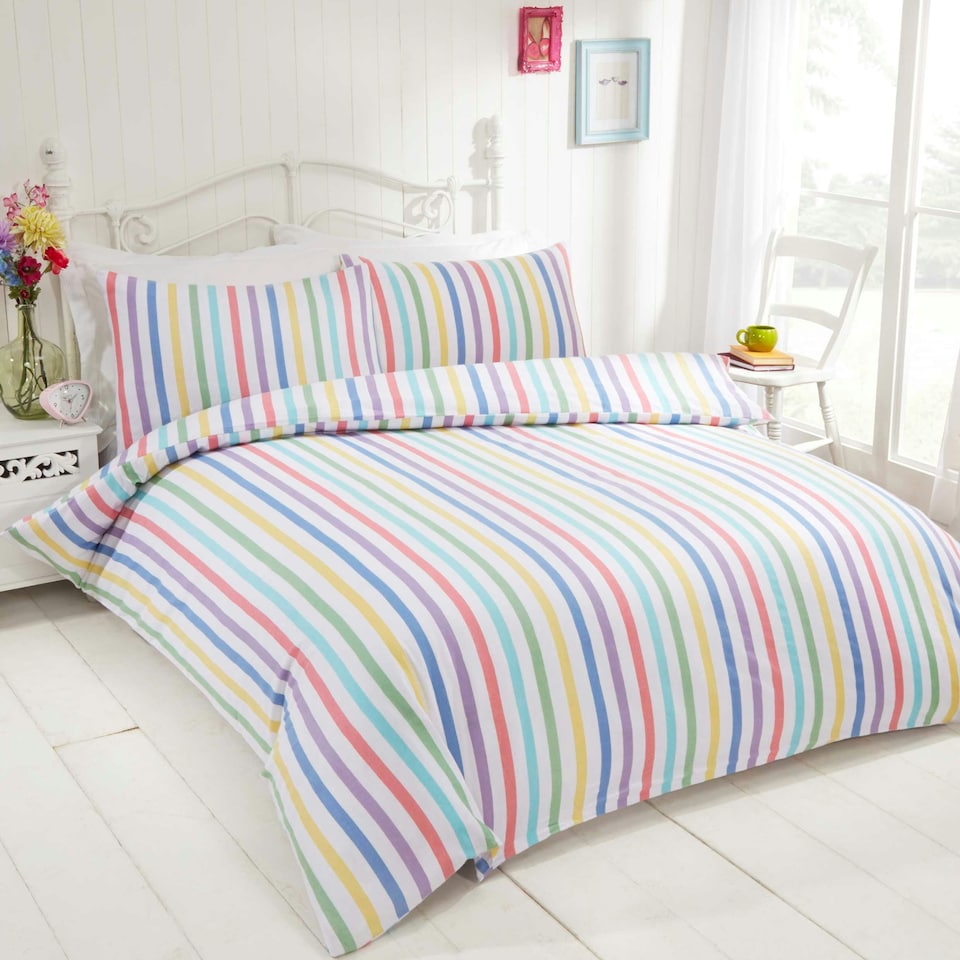 image 1 of Candy Stripe Bed Cover Duvet Cover Set with Pillowcase Multi | Super King