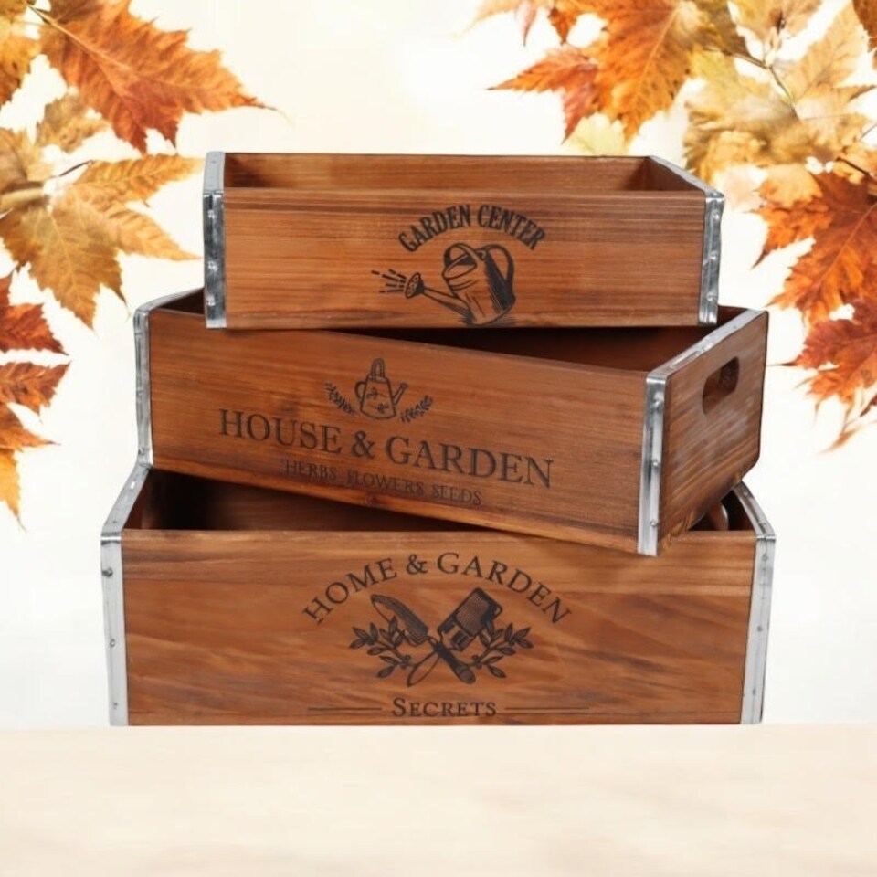 image 1 of Rustic Vintage Garden Display Planters (Set of 3) - Wood Brown