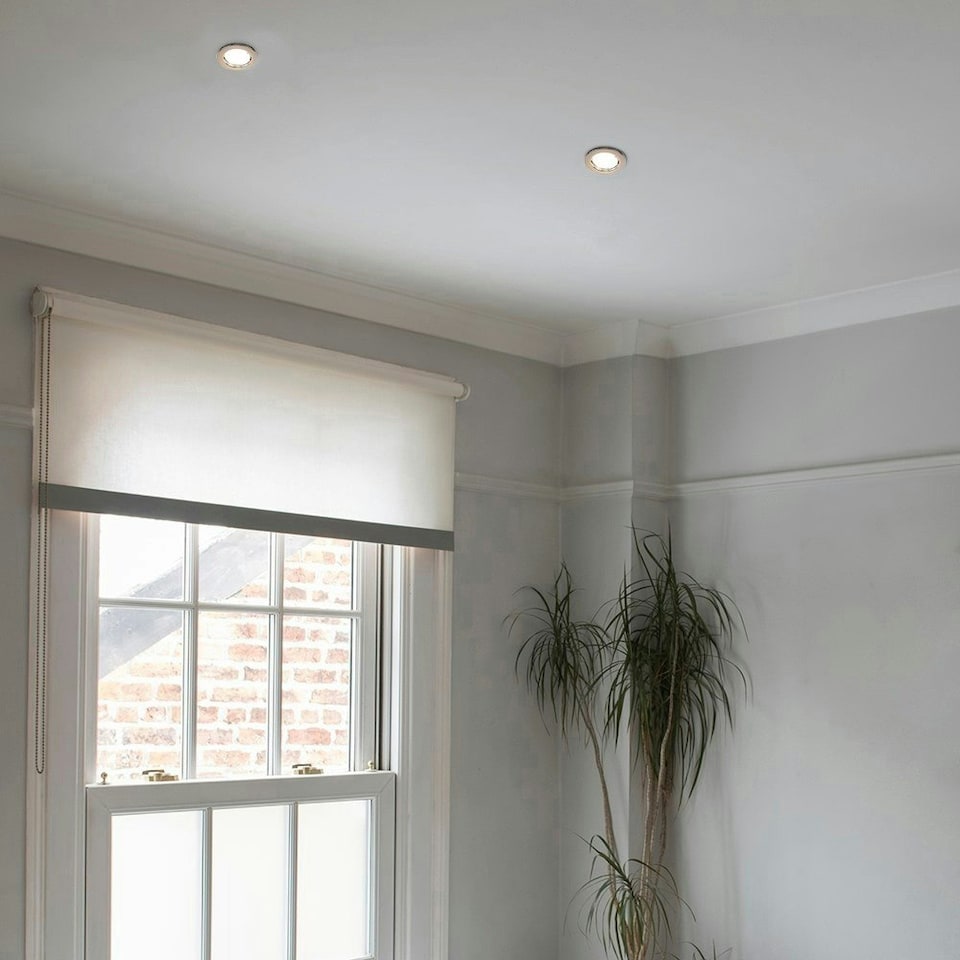 image 1 of ValueLights Pack of 6 Fire Rated Black Chrome GU10 Recessed Ceiling Downlight/Spotlights Complete with 5w LED Bulbs In Warm White | Black