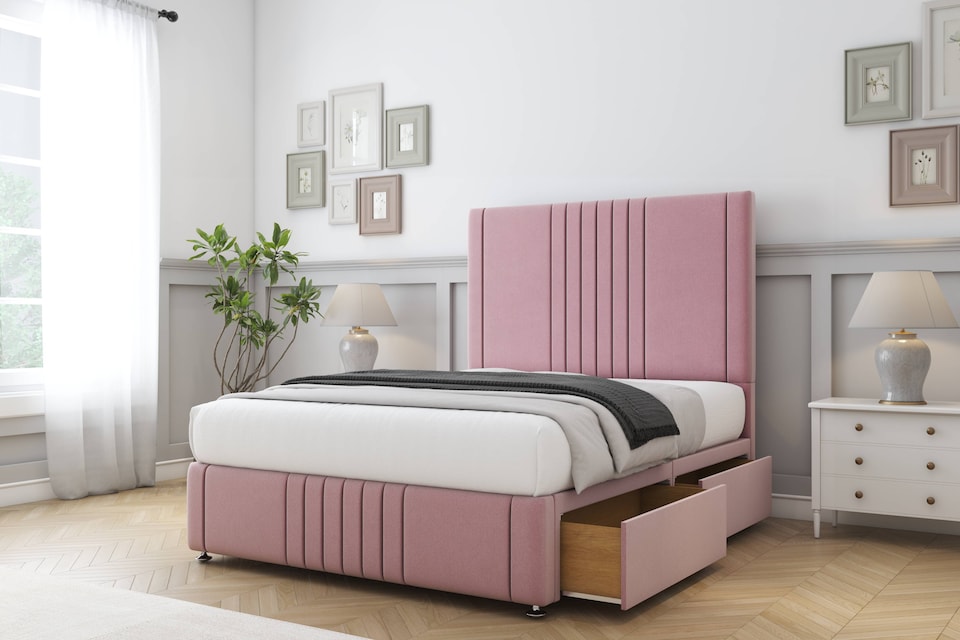 image 1 of Sloomy Harrington Pink Plush Divan Bed With Mattress 4 Drawers With 26" Strutted Headboard & 12" Matching Footboard 6' Super King | Pink | Pink | Super King | 1