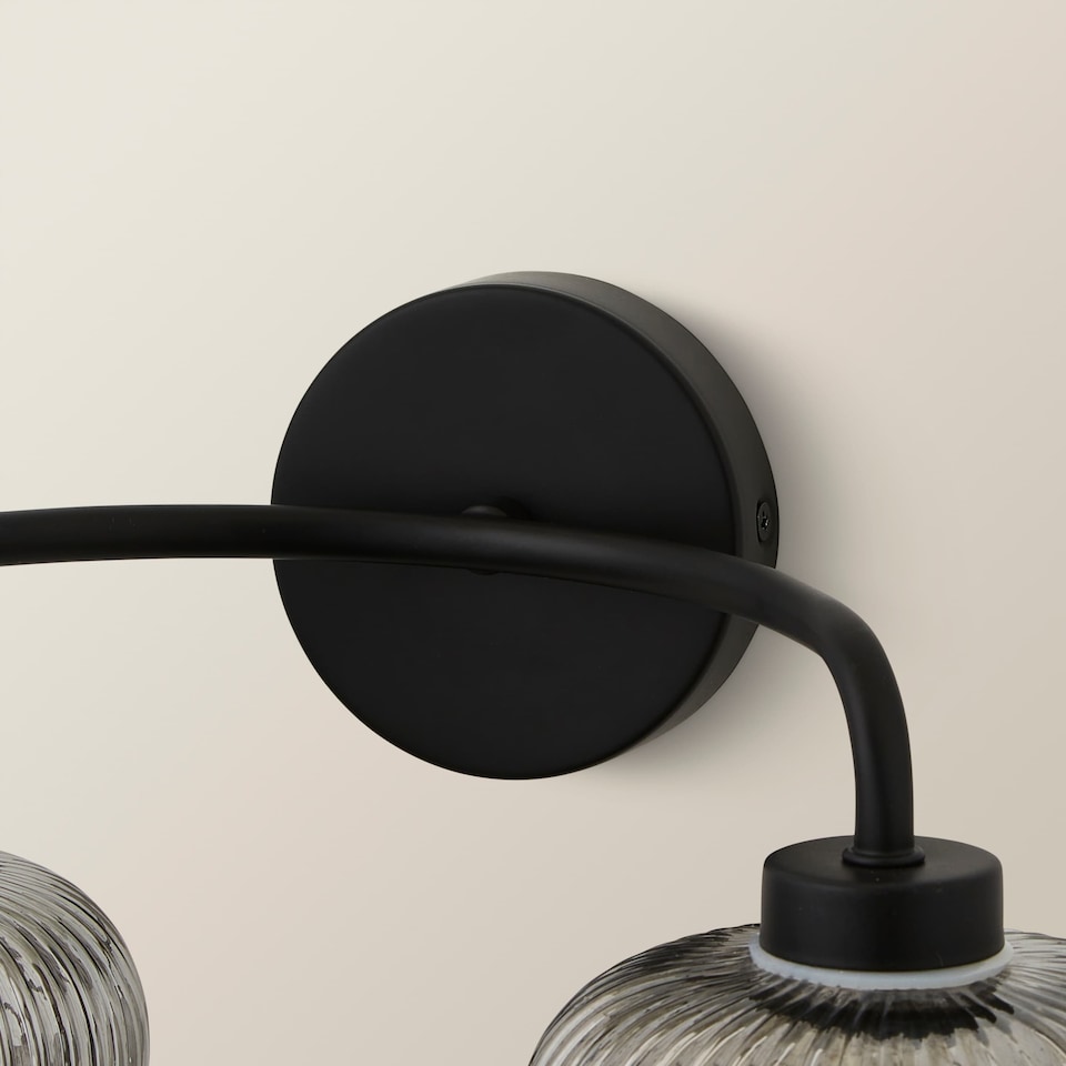 image 1 of ValueLights Amaia Black IP44 2 Way Smoke Ribbed Glass Wall Light | Black