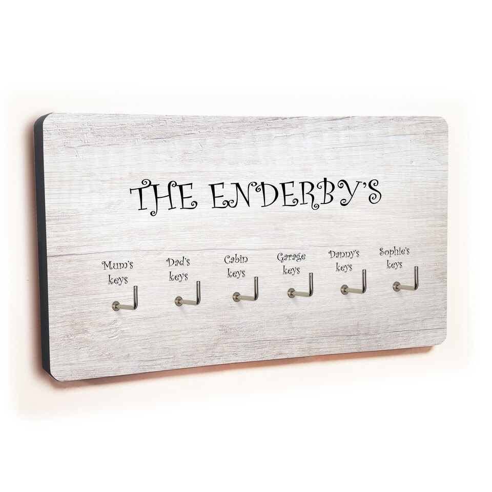 image 1 of Personalised Novelty 6 Hook White Wood Key Holder for Family