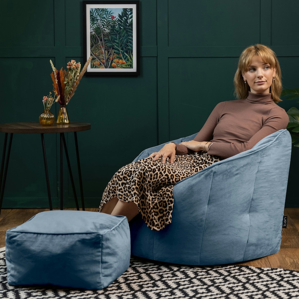 image 1 of icon Sirena Scallop Chair Bean Bag and Footstool Mineral Blue Velvet Bean Bags Blue | Blue