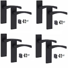 Golden Grace 4 Sets Victorian Scroll Astrid Door Handles in Matt Black with 1 Pair of 3" Ball Bearing Hinges & Latches Pack - 150mm x 40mm Backplate | Black | 4 Set